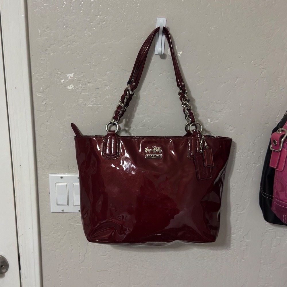 Coach Gallery Tote Dark Cherry Burgundy Patent Leather Chain Shoulder Bag 18779